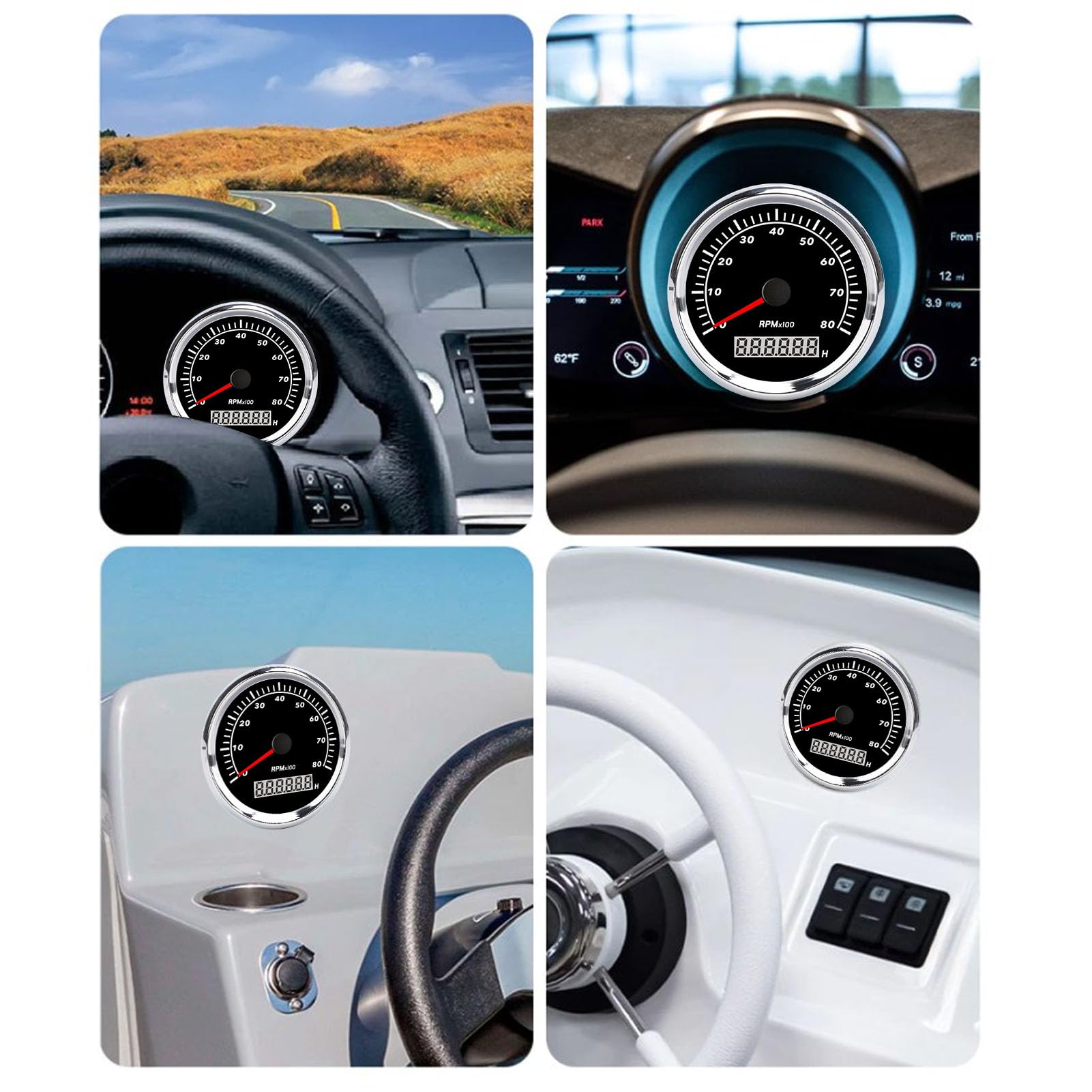 Medidor de RPM Marino, Tacómetro Marino Impermeable IP67 de 9 a 32 V, Antivaho, Retroiluminación de 7 Colores, Esfera Negra, Bisel Plateado para Automóvil (8000RPM)