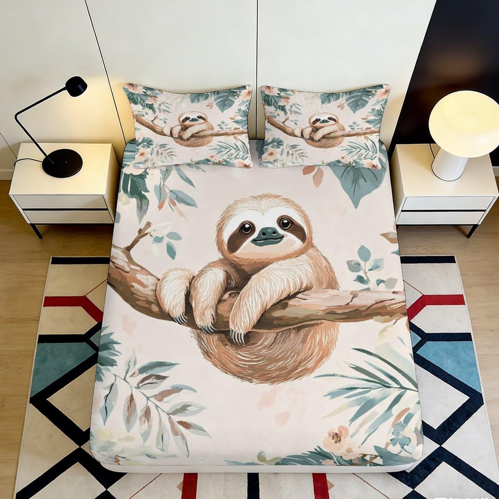 3D Printed Cute Sloth Fitted Sheet Microfiber Soft Anti-Slip Animal Forest Mattress Cover for Bedroom Guest Dorm Decor 160x200x25cm