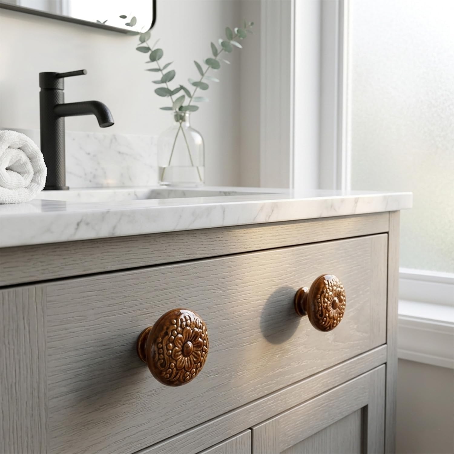 Cabinet Knobs and Pulls Vintage Brown Pottery Ceramic Kitchen Cupboard Drawer Handle Interior Decor Furniture Hardware,Set of 10