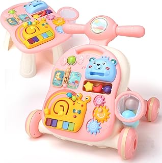 Yilingchild Sit-to-Stand Learning Walker, 3 in 1 Baby Walker, Early Educational Child Activity Center, Multifunctional Removable Play Panel, Early Learning Push Toys for Infant 12 Months Pink