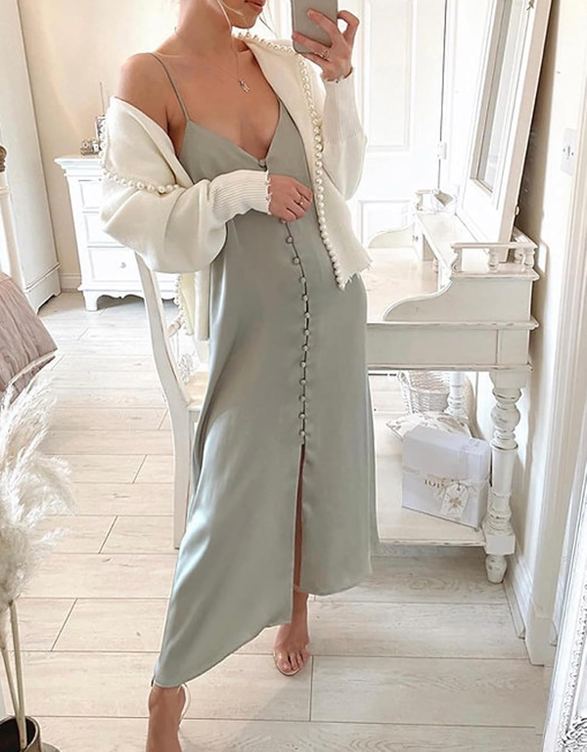 Kedera Womens Casual Pearl Cardigan 2025 Spring Elegant Embellished Long Sleeve Oversized Knit Sweater