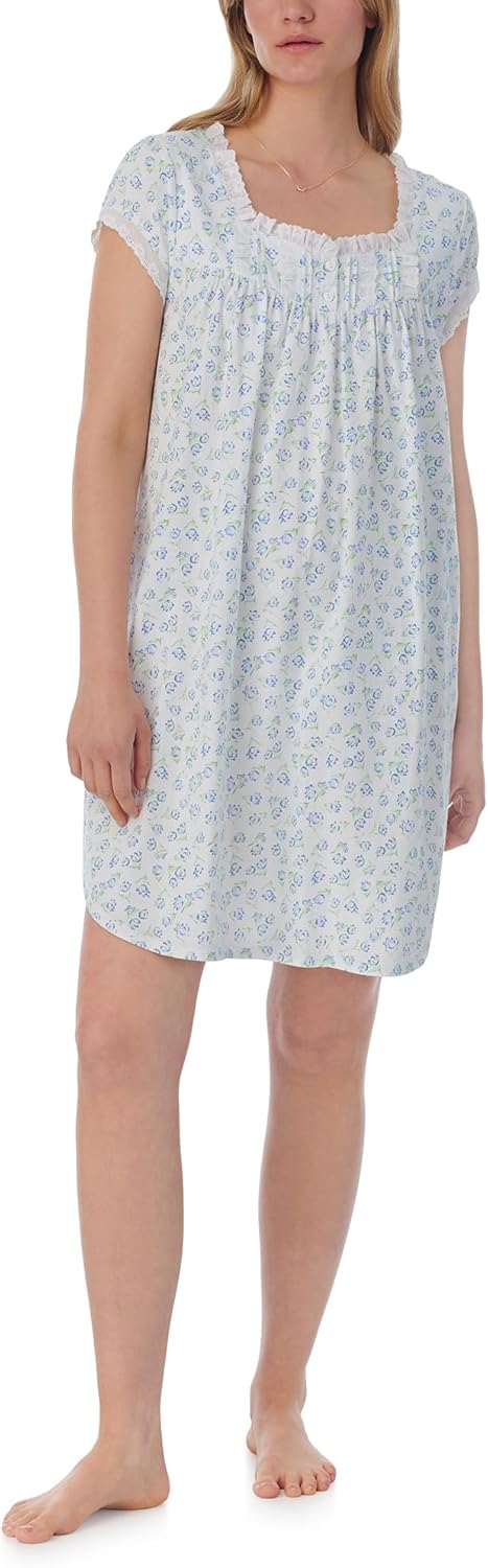 Lanz of Salzburg Women's 100% Cotton Knit Short Sleeve Nightgown, Lace Trim, Pintuck Neckline, 36” Length