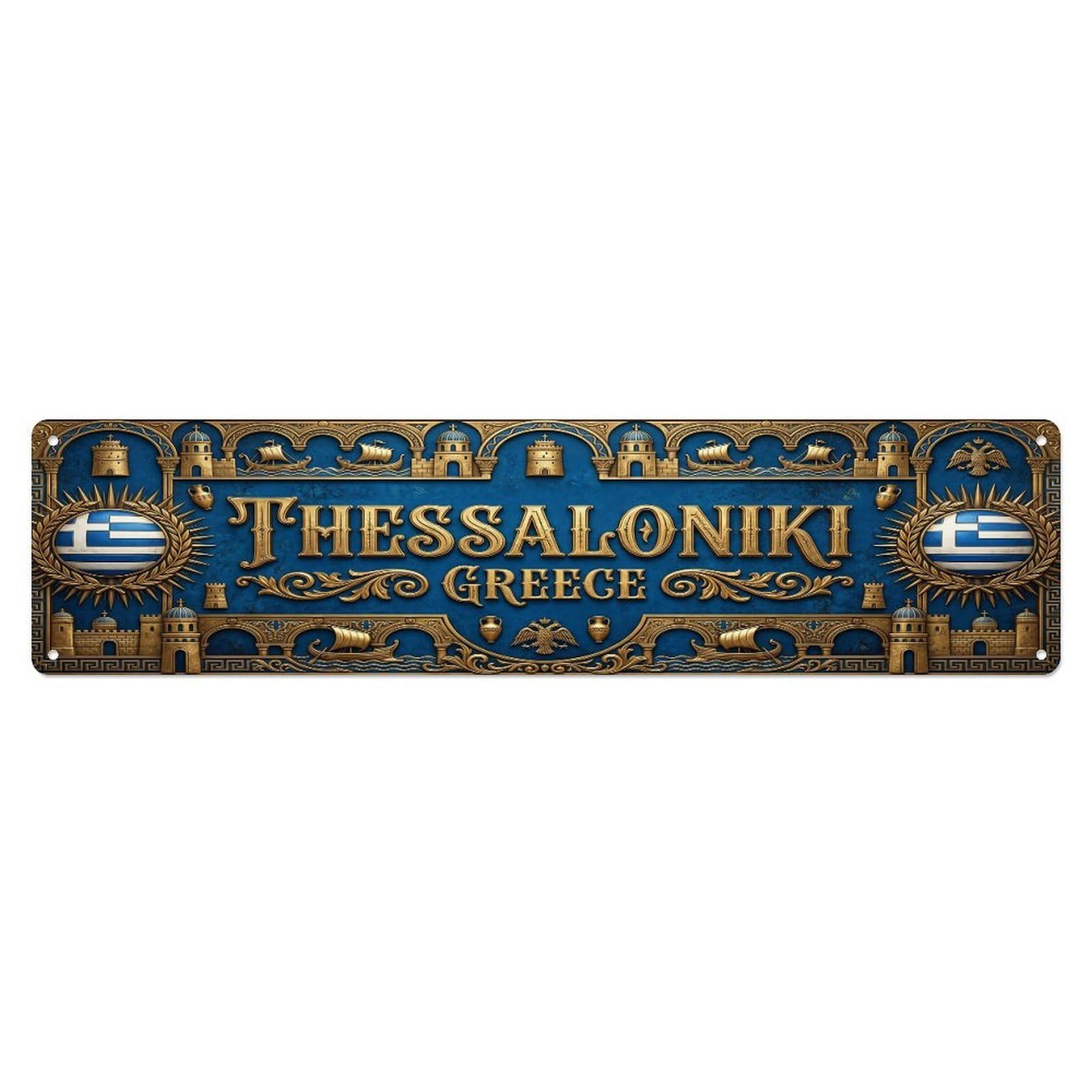 Vintage Thessaloniki Greece Flag Pattern Metal Tin Sign