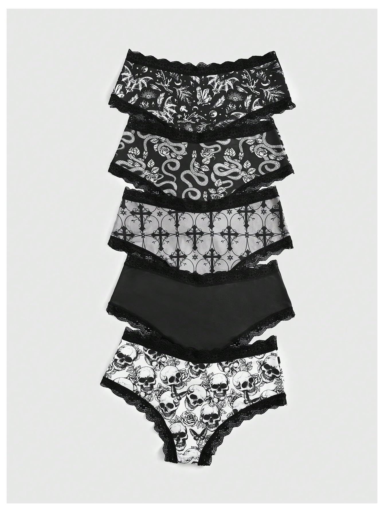 WDIRARA Women's 5 Pack Set Goth Graphic Print Mesh Sheer Lace Trim Mid Rise Underwear Briefs: X-Small Black Multicolor