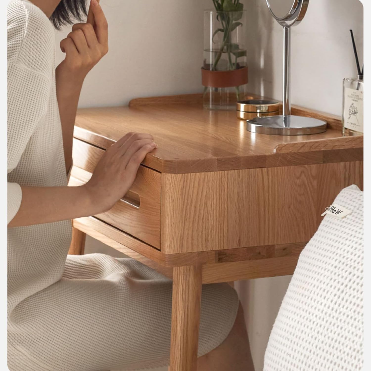 Compact Solid Wood Vanity Desk with Drawer Organizer, Rounded Edges, and Easy Assembly for Small Spaces - Makeup Table for Bedroom