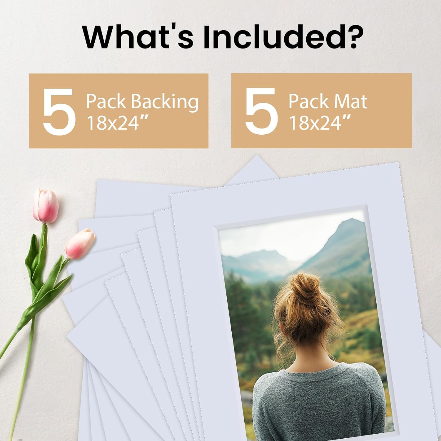 Falling in Art 5 Pack Acid Free 18x24'' White Picture Mats Board Show Kit for 12x18'' Photos, 4-Ply Beveled Pre-Cut Photo Mats with Backing Board for Frames, Artwork and Prints