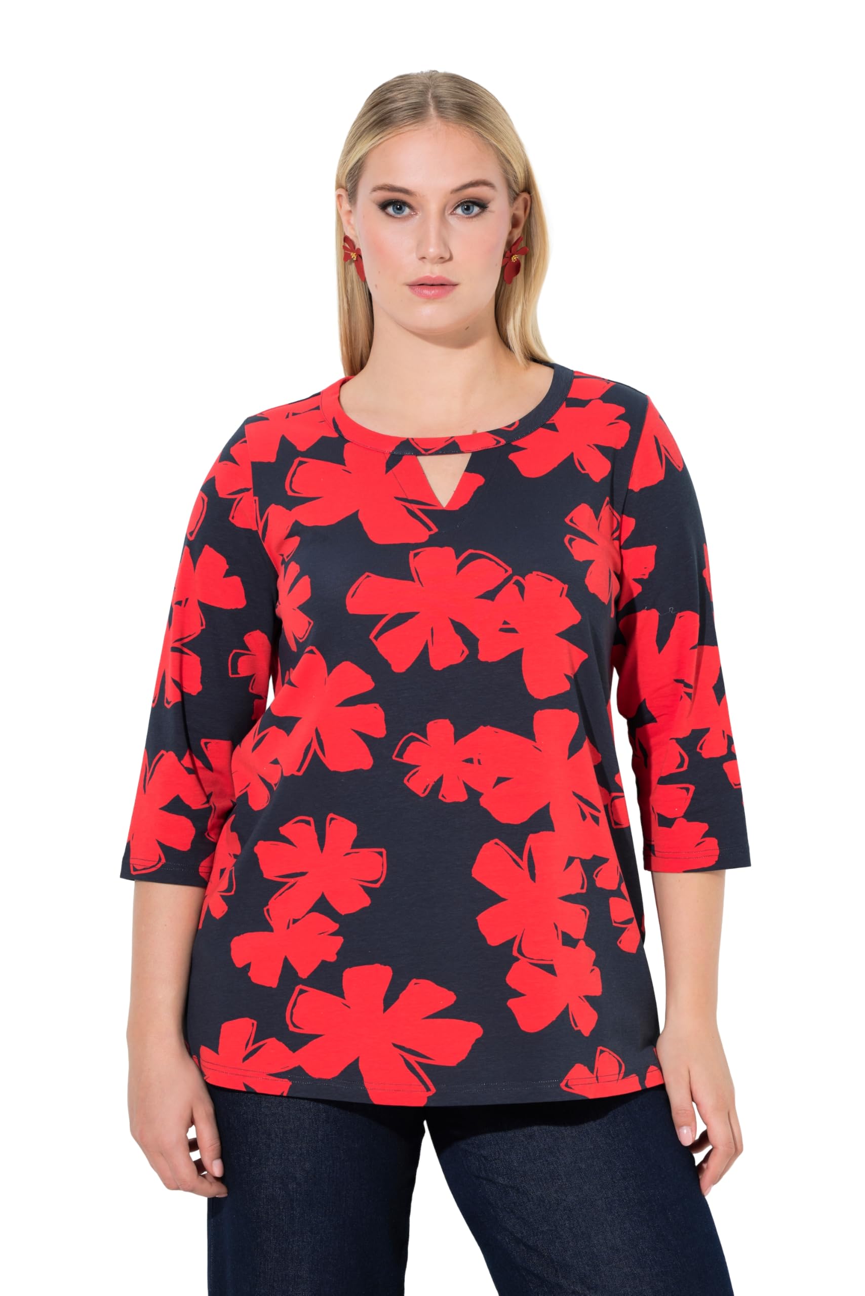 Ulla Popken Damen große Größen Übergrößen Plus Size Shirt, Blüten, A-Linie, Rundhals, Keyhole, 3/4-Arm 846172