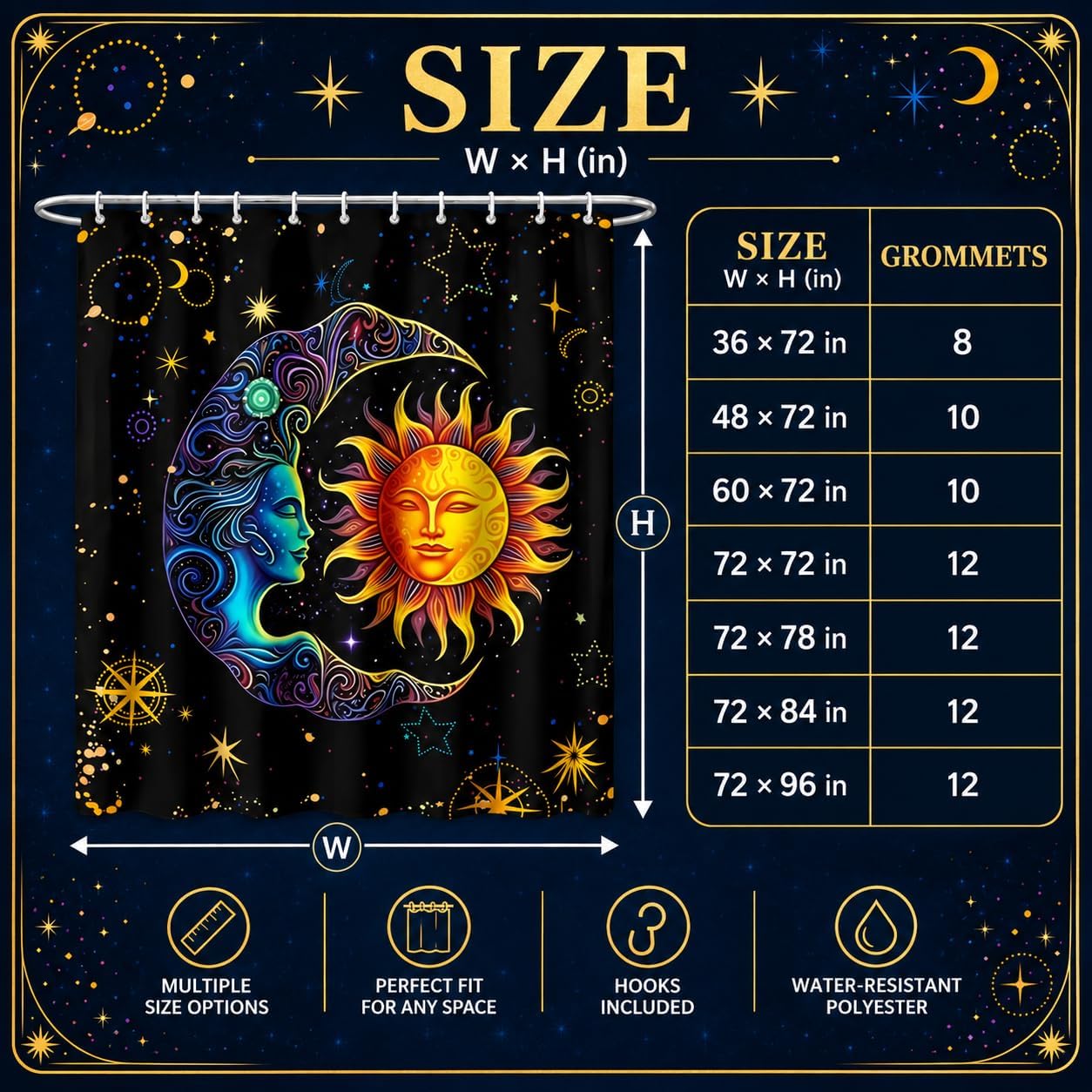 AILONEN Sun and Moon Shower Curtain,Space Galaxy Boho Exotic Sun and Moon Bath Curtain,Celestial Starry Moon Smiles Decoration Waterproof 72" W x 84" H Curtain for Boys Girls,with 12 Plastic Hooks