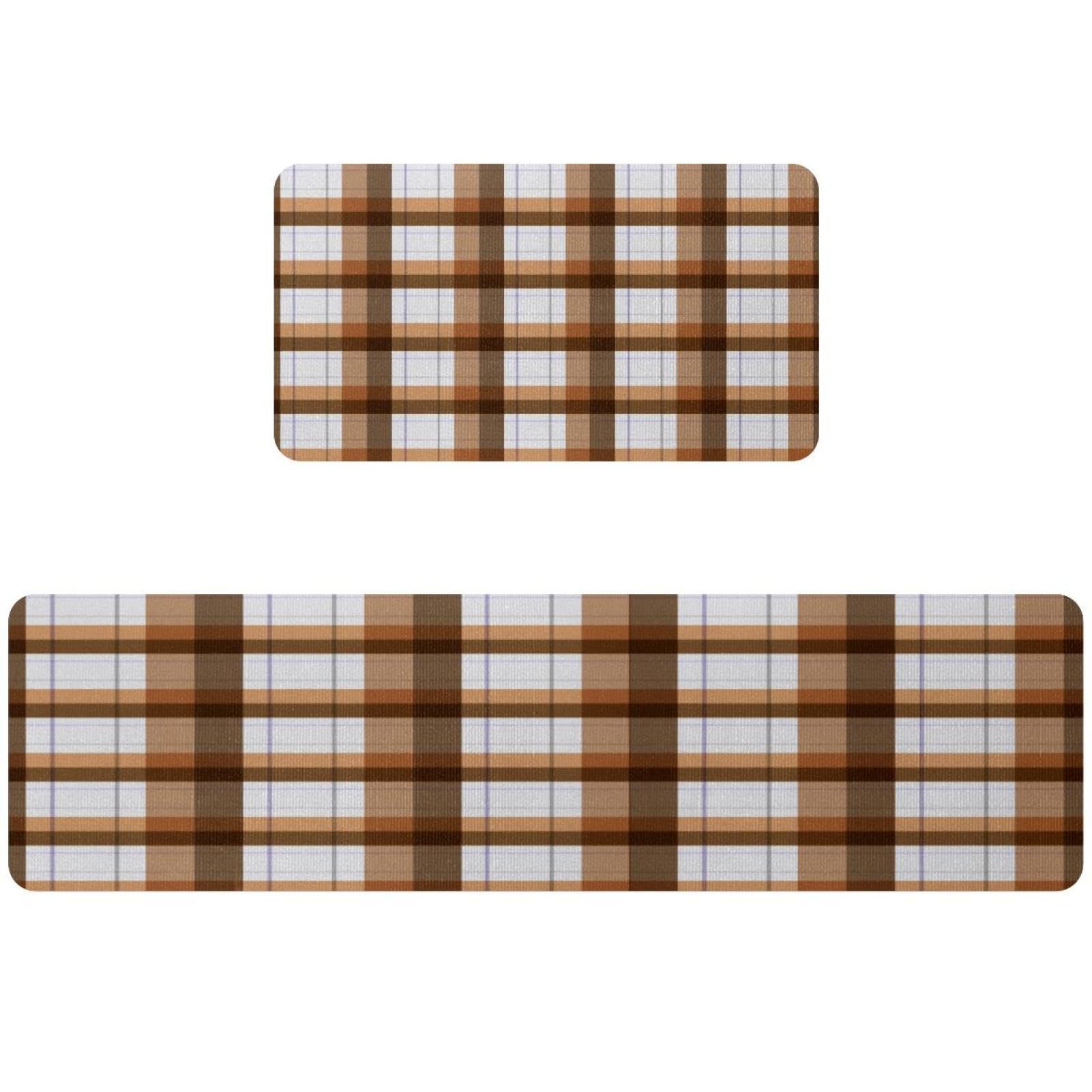 Tapis de cuisine écossais marron et beige | Lot de 2 tapis de sol lavables et absorbants