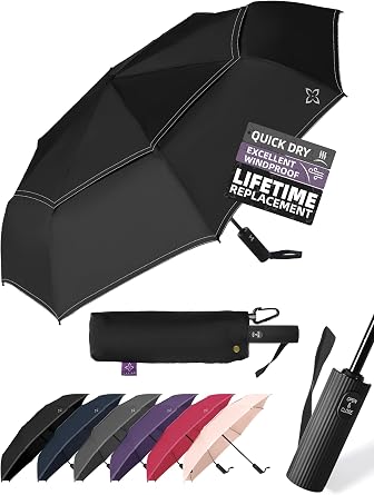 Compact Travel Windproof Umbrella, Vented 43" Auto open/close Folding Quick Dry Umbrellas for Rain, Portable Small for Backpack Car, Thoughtful Gift for Women Men Kids, TSA Approved