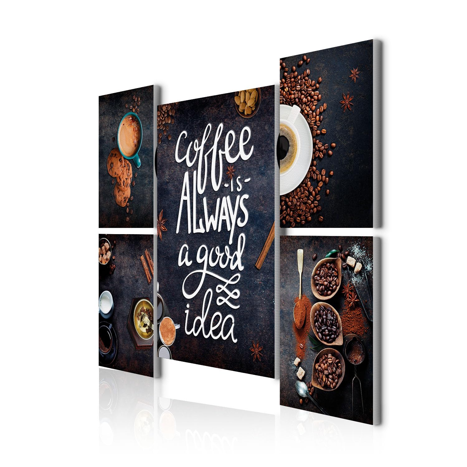 decomonkey Quadri Moderni Cucina Caffè Coffee Always, 5 pezzi, 110x80 cm | Tela strutturata su telaio in legno, decorazione da parete, good, idea, tazza, marrone, nero, Quadro Stampa su Tela