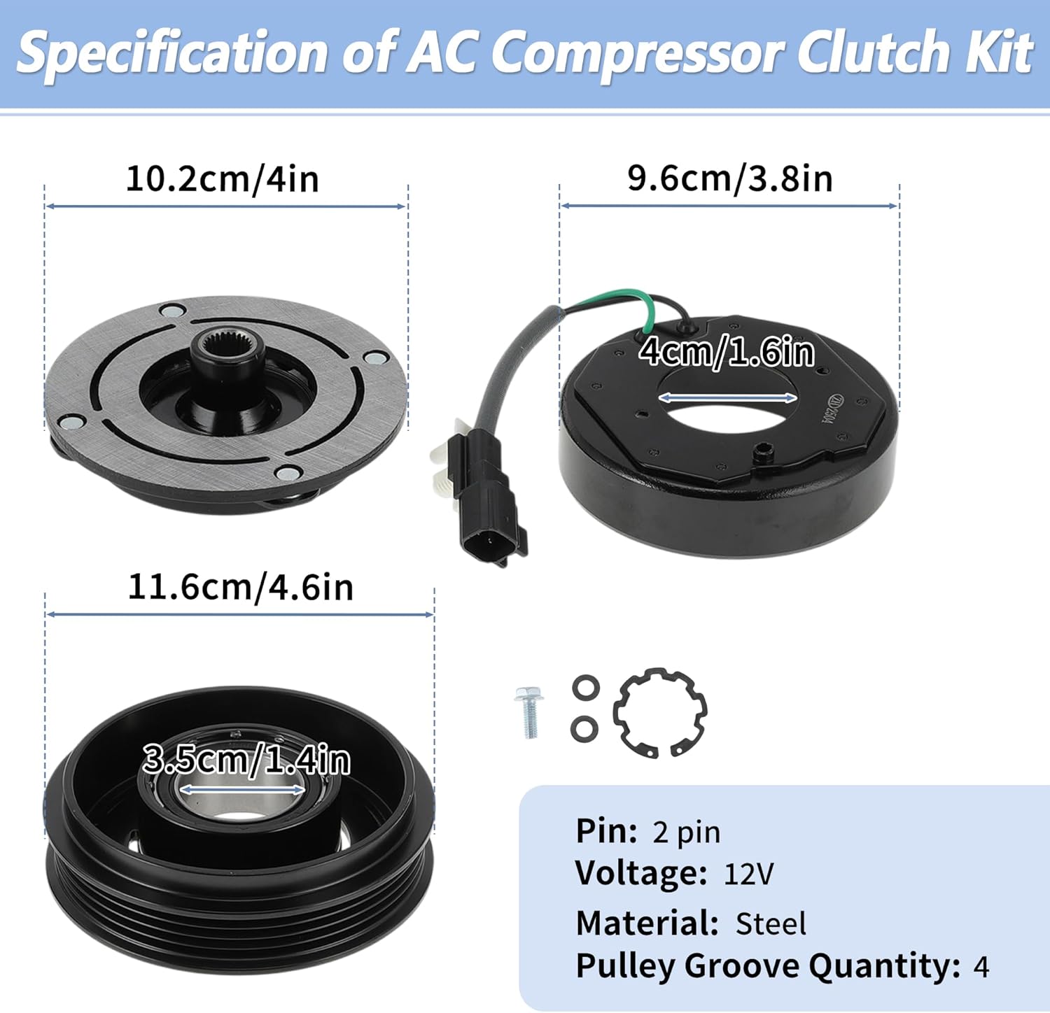 Air Conditioner AC Compressor Clutch Kit for Ford Focus 2014-2018 2.0L L4 AC Compressor Clutch for 6SBH14C/7SEU17C Clutch Pulley W/Bearing No.H1FZ19703B/14-1308C/178399