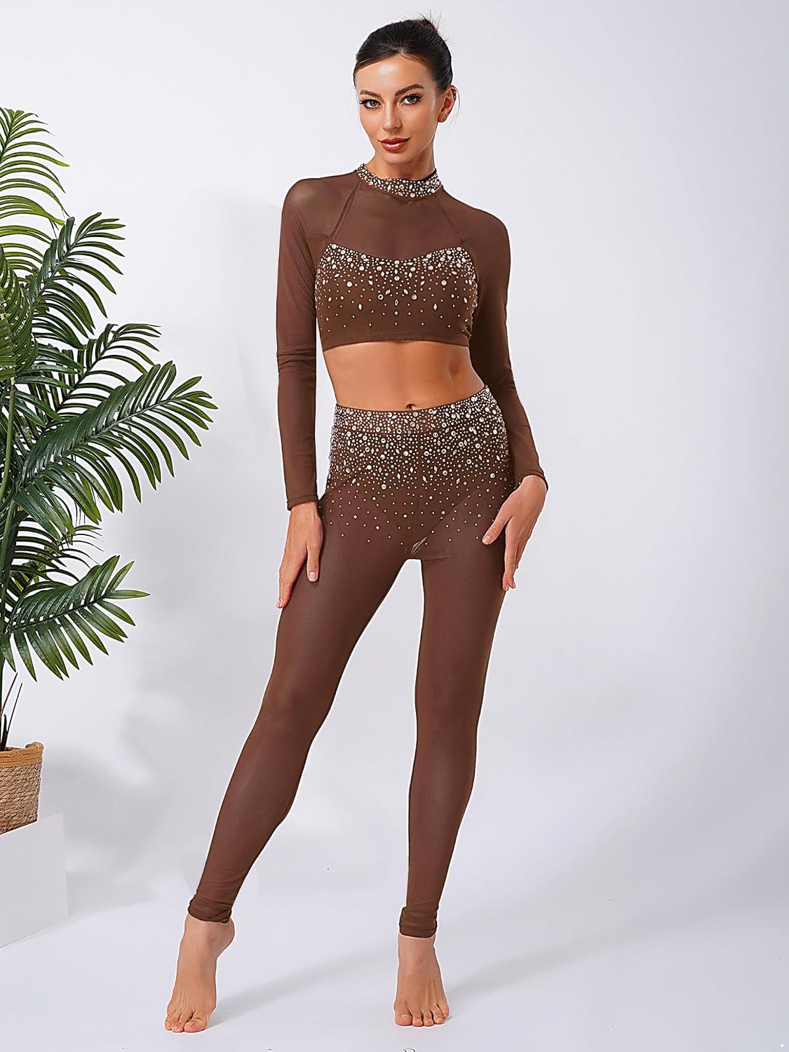 XUNZOO Womens Two Pieces Rhinestone Gymnastics Dance Outfits Sheer Long Sleeve Crop Top Workout Leggings Tights