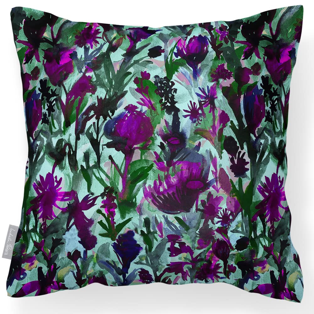 Izabela Peters Herbaceous Border - Violet On Shades Of Forrest Green Outdoor Cushions Waterproof, 43 Cm, Filled Outdoor Cushion, Herbaceous Border - Violet, Garden Furniture Cushions, Outdoor Seat Cushions, Garden Chair Cushions