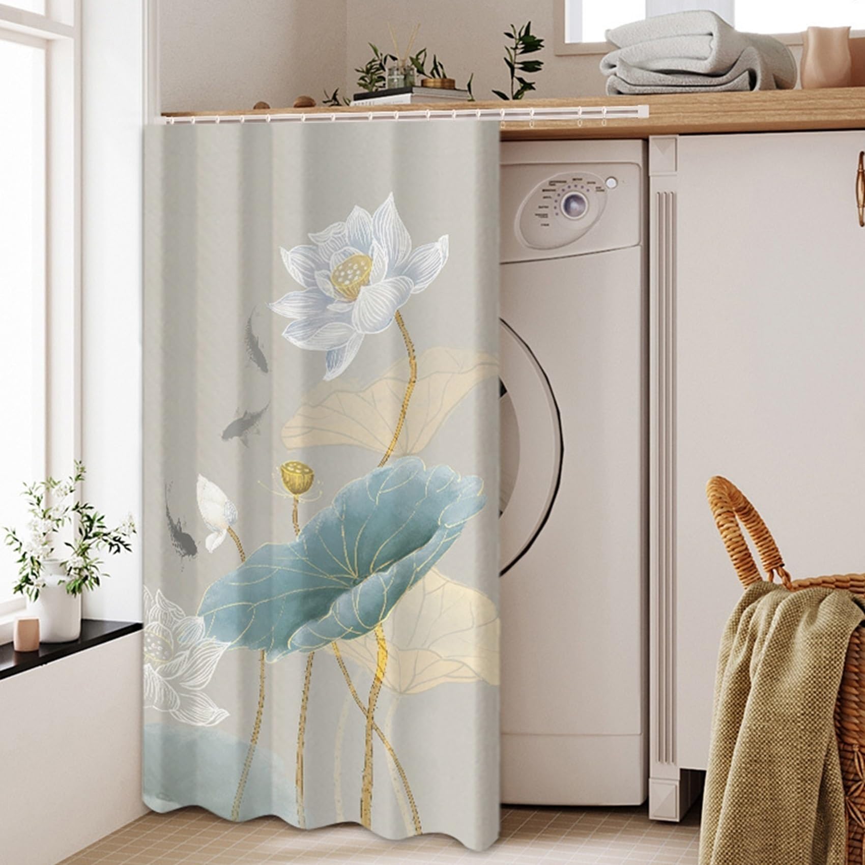 GUOIOOI Dishwasher Curtain,No Drill Silent Curtain for Washing Machine,Waterproof Privacy Hanging Blind with Ink Wash Floral Print for Laundry Area Under Sink(Aqua blue,W50*L70cm)