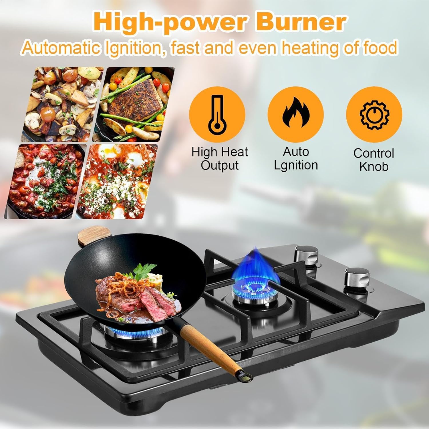 Gases Stove Top 20 Inch, Built-in Gases Cooktop 2 Burner, Black Tempered Glass Gases Range With NG/LPGS Conversion Kit, Kitchen Propane Cooktop With Portable Auto Ignition
