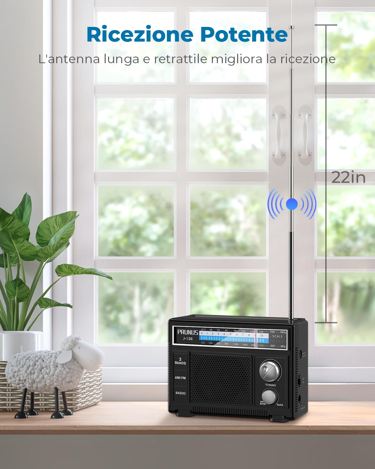 PRUNUS J-136 Radio Portatile AM/FM, Alimentazione Batterie o CA, Jack AUX/Microfono, Nero