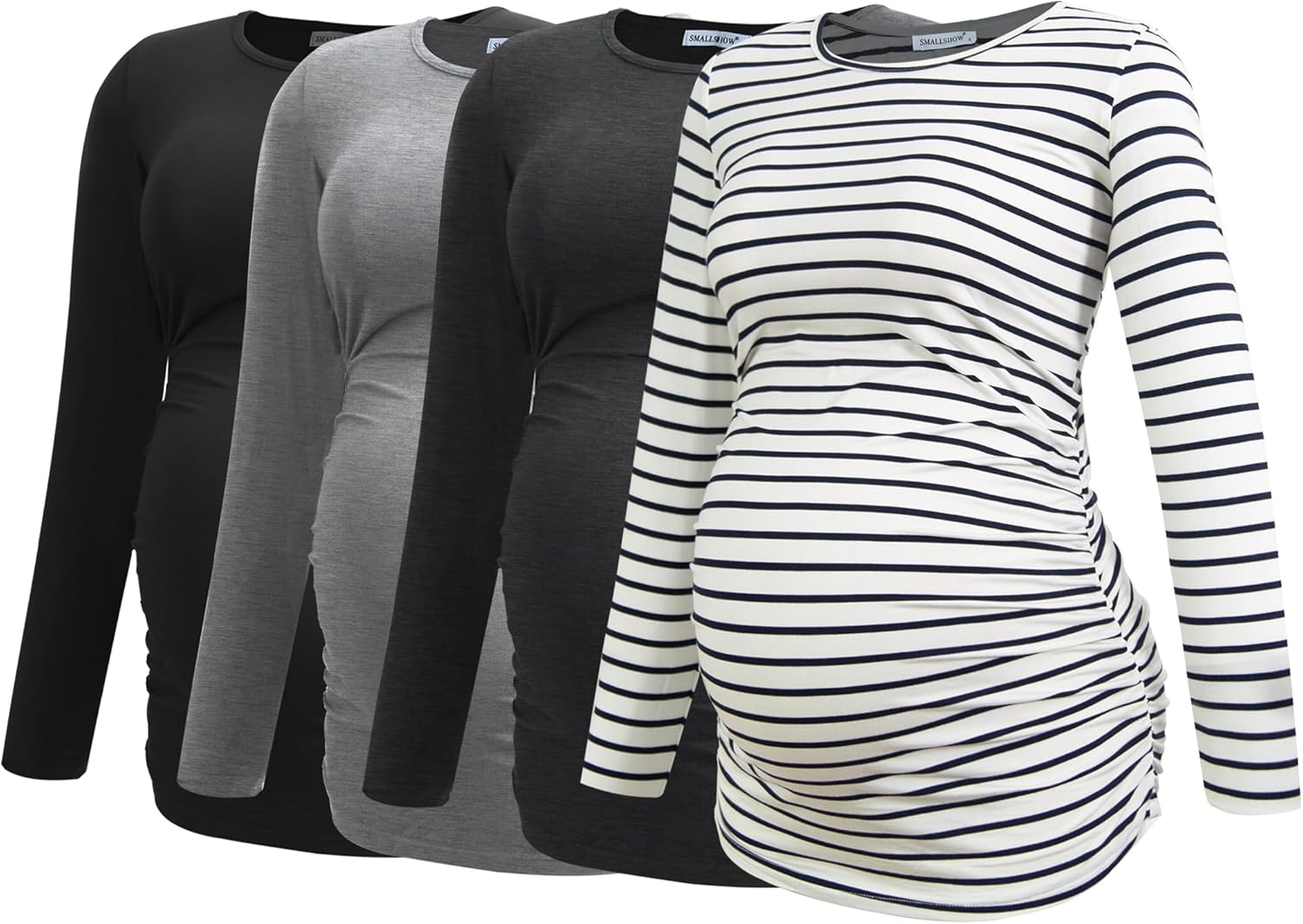 Smallshow Women's 4 Pack Maternity Shirts Long Sleeve Ruched Pregnancy Clothes Tops