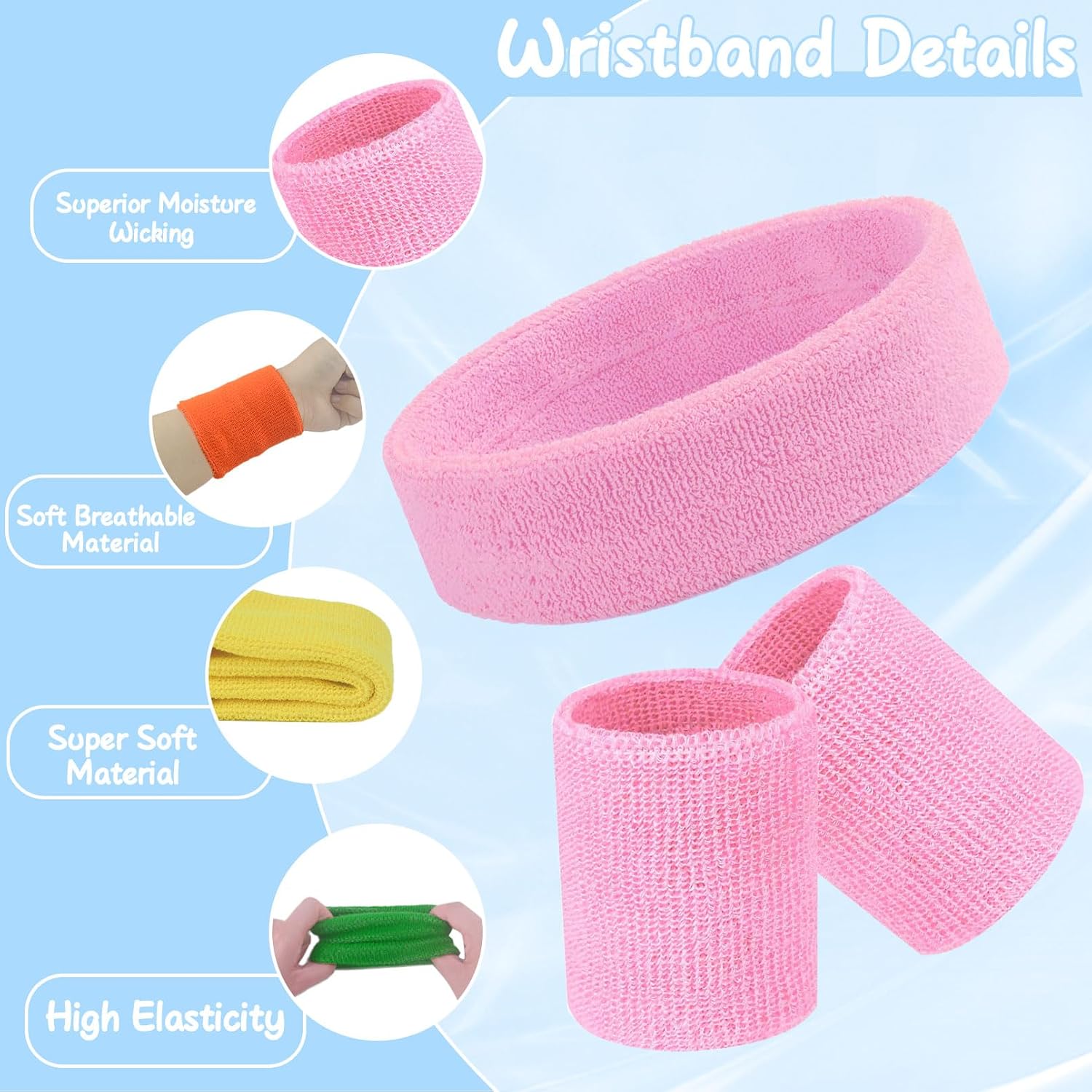 48 Pcs Neon Sweatbands Set 16 Sets Sports Headband and Wristbands Colorful Sports Headband Wristband for Man and Women Bulk Headband Wristband Set Cotton Terry Basketball Tennis（16 Colors）