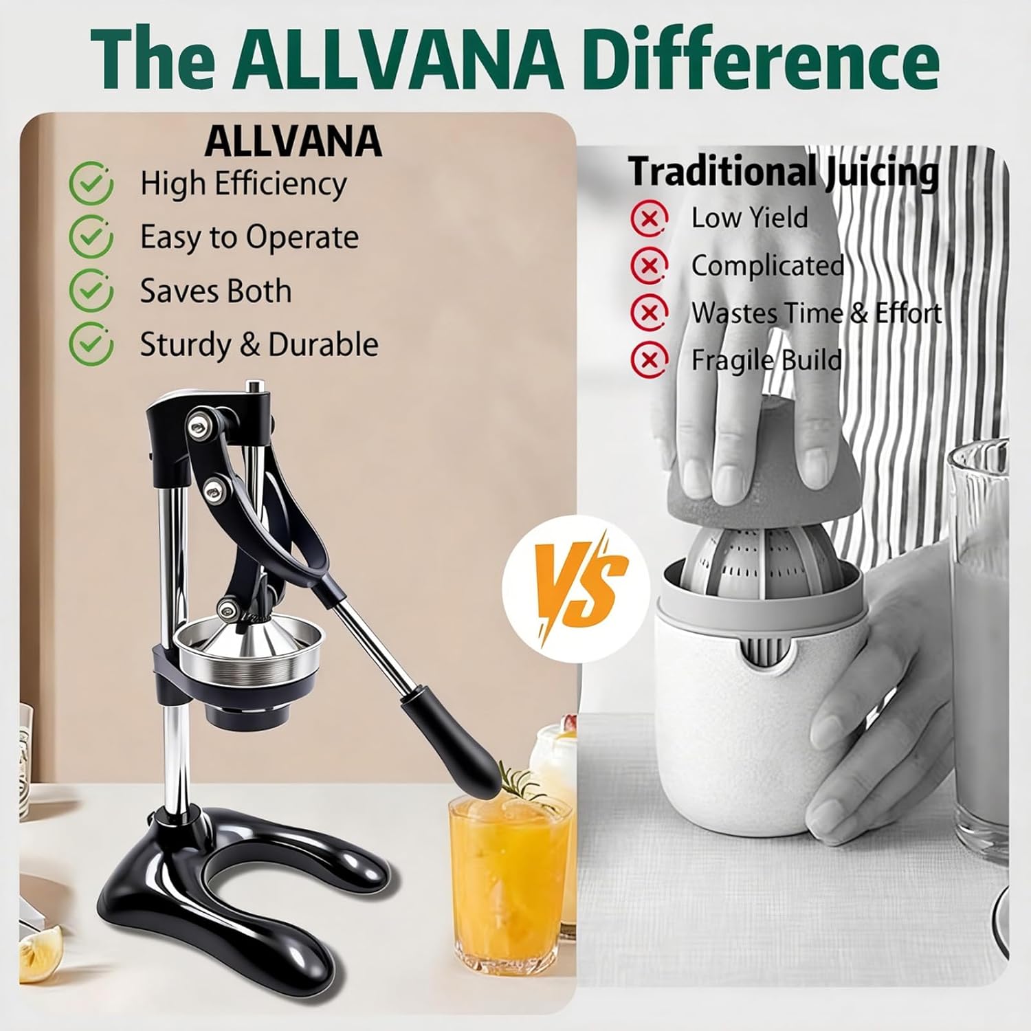 Professional Cast Iron Manual Citrus Juicer - Heavy Duty Hand Press for Orange, Lemon, Lime, Pomegranate - High Yield Juice Presser, Stable Countertop Design, Easy to Clean (BLACK)