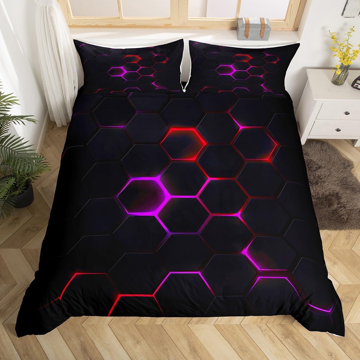 Honeycomb Duvet Cover Set Toddler Size,Red Pink Neon Bedding Set for Kids Boys Girls Room Decor,Hexagon Comforter Cover,Chic Creative Quilt Cover with 1 Pillowcase(No Comforter)