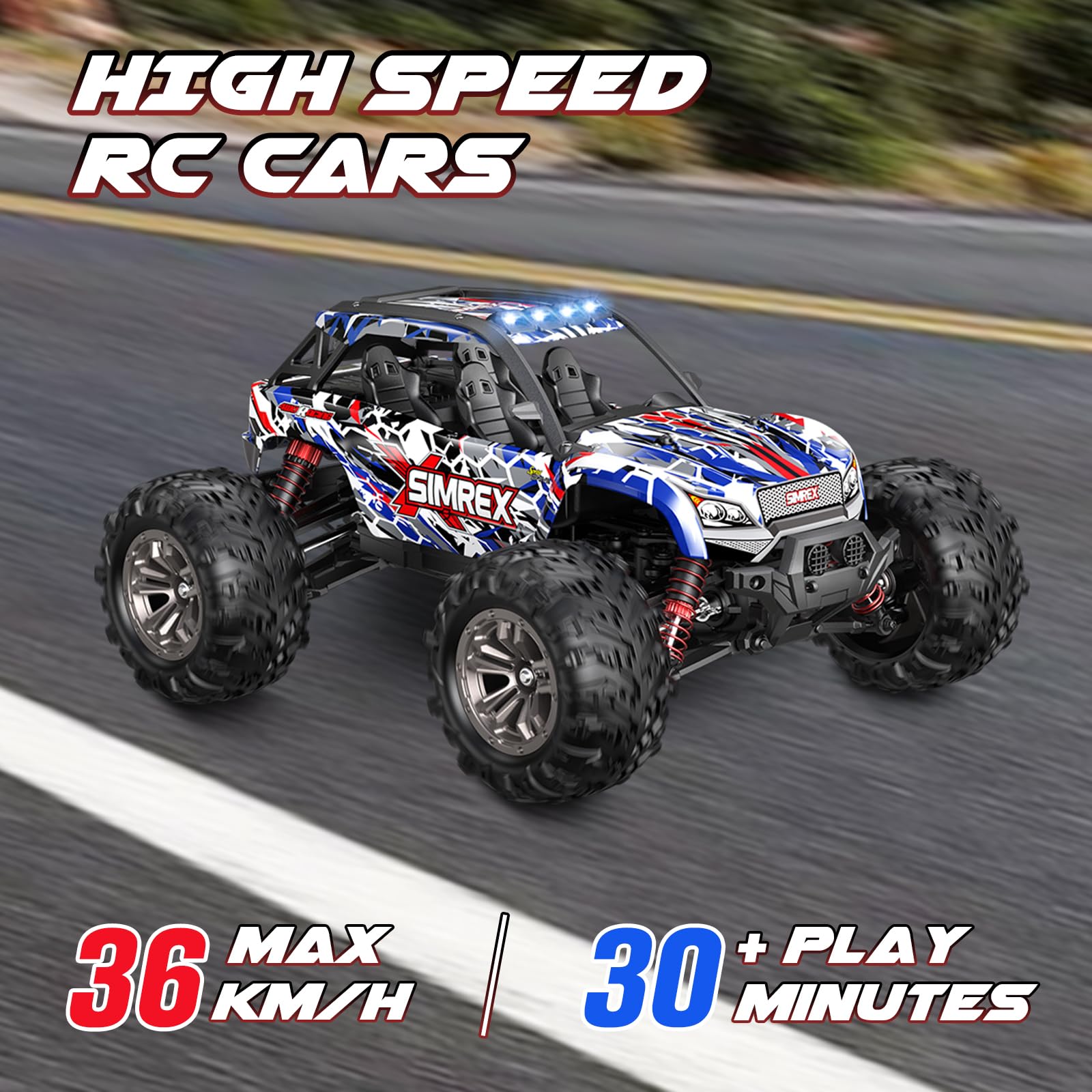 SIMREX 1:16 Scala All-Terrain macchina telecomandata, 36 km/h, 4WD con 2.4GHz Telecomando, RC Auto con Batteria Ricaricabile, Regalo per 6+ anni bambini e adulti