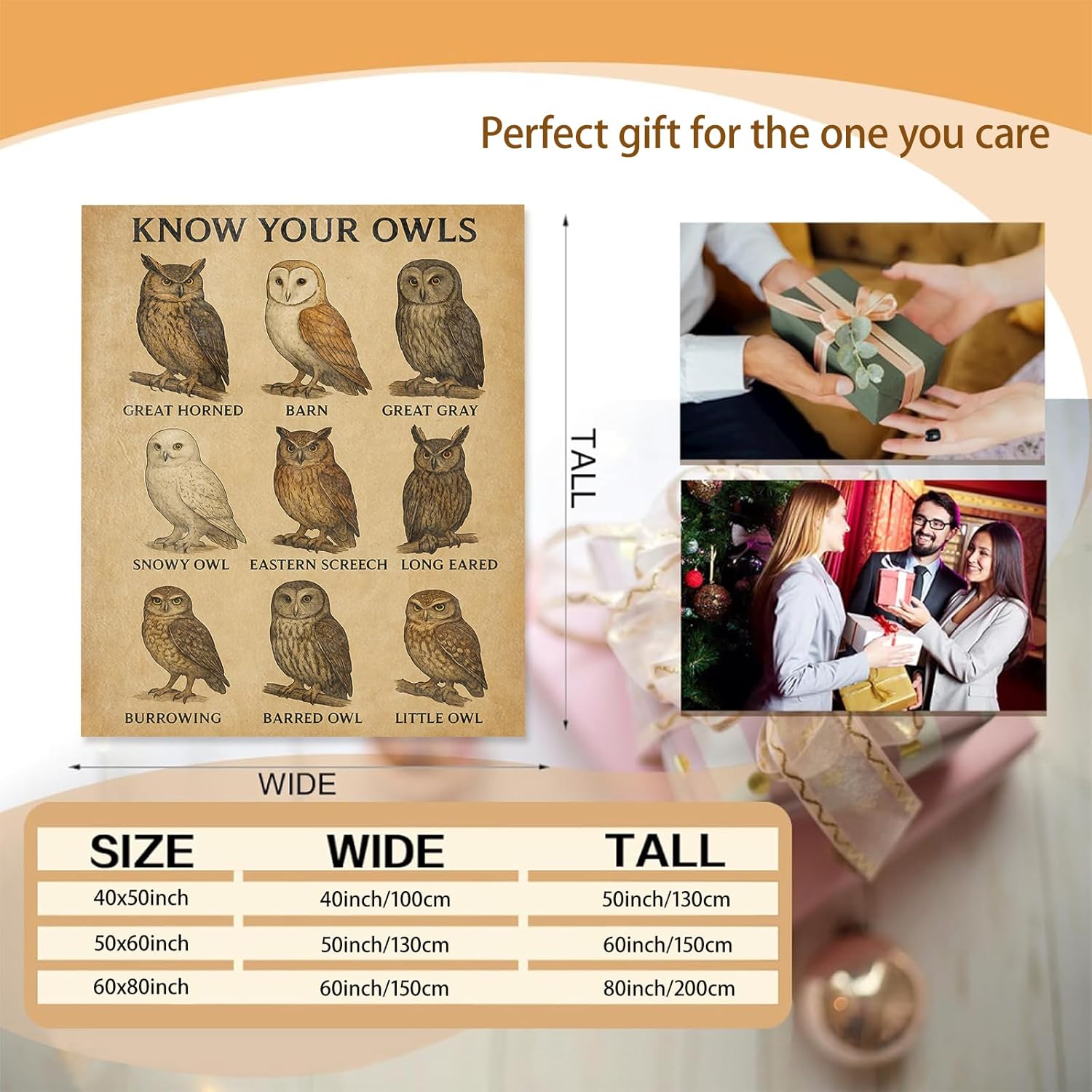 Vintage Owl Species Chart Blanket Gifts for Women Adults, Soft Warm Lightweight Flannel Throw Blankets for Camping Bedroom Living Room Home Sofa Travel Decor 50" x 60" - Image 3