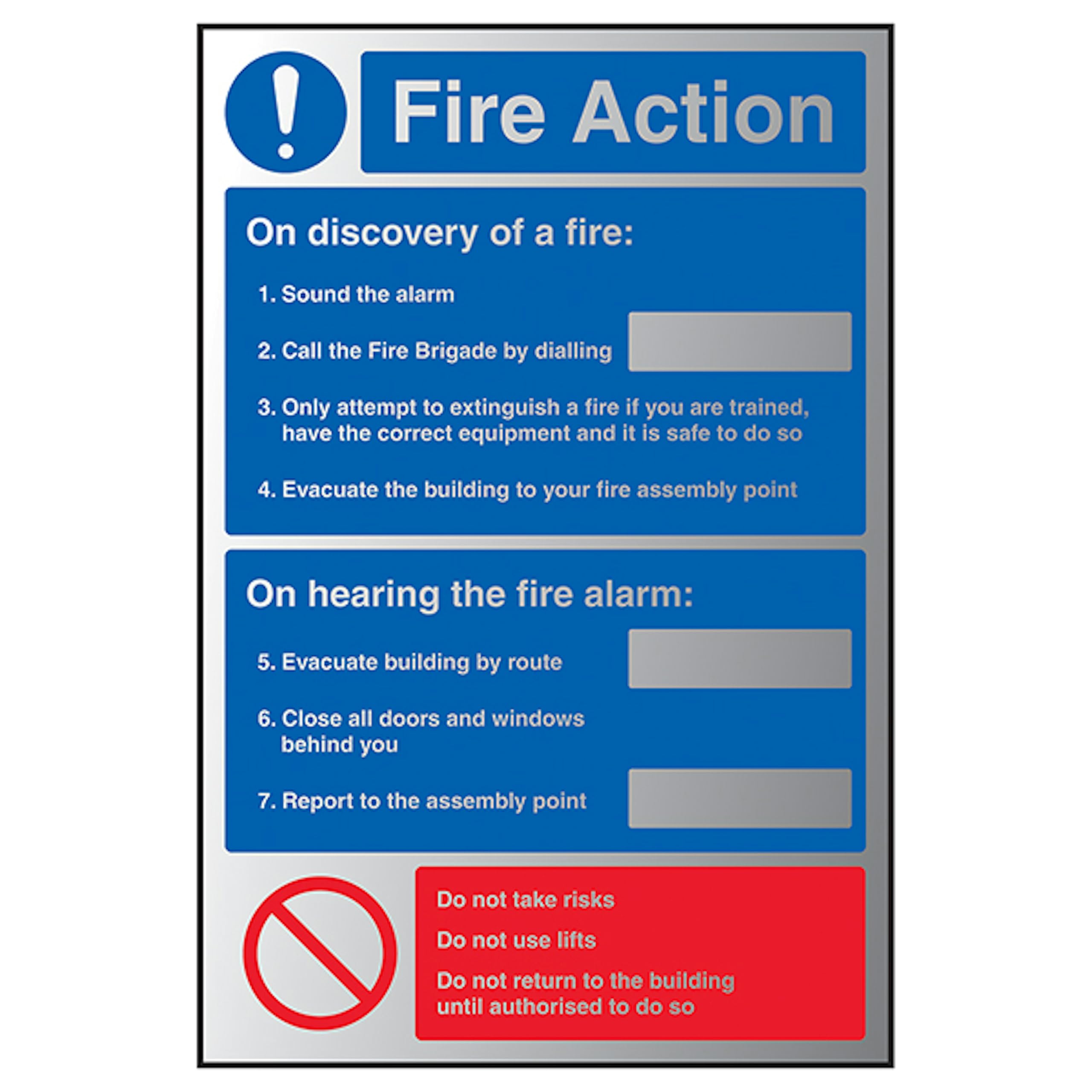 V Safety Fire Action Notice On Discovery/Only Attempt 150 x 200 mm - 1.6mm Aluminium Effect Rigid Plastic Safety Sign