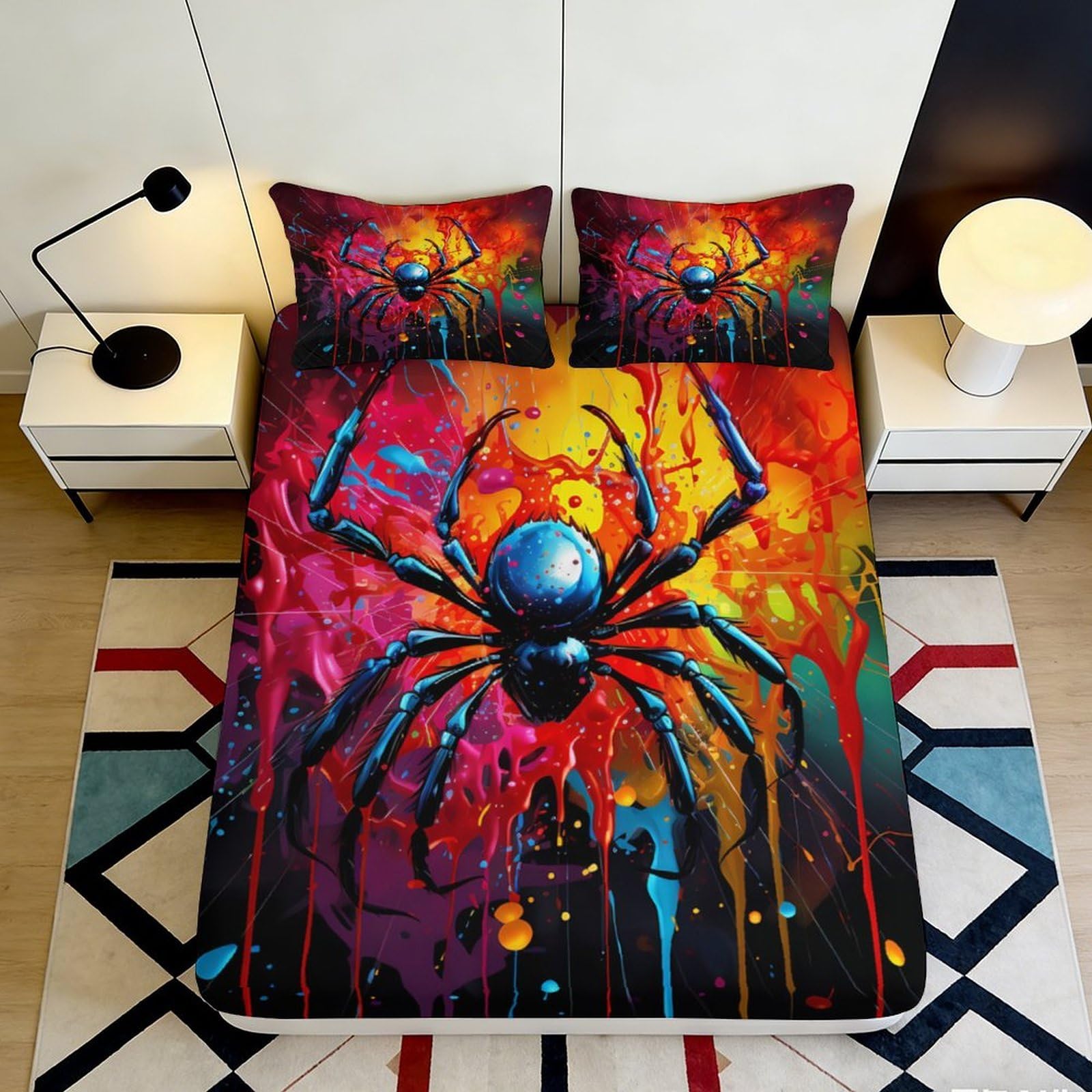3D Printed vibrant spider Fitted Sheet, Microfiber soft touch, bedroom decor, wrinkle resistant, apartment bedding, dustproof, easy care 90x200x25cm