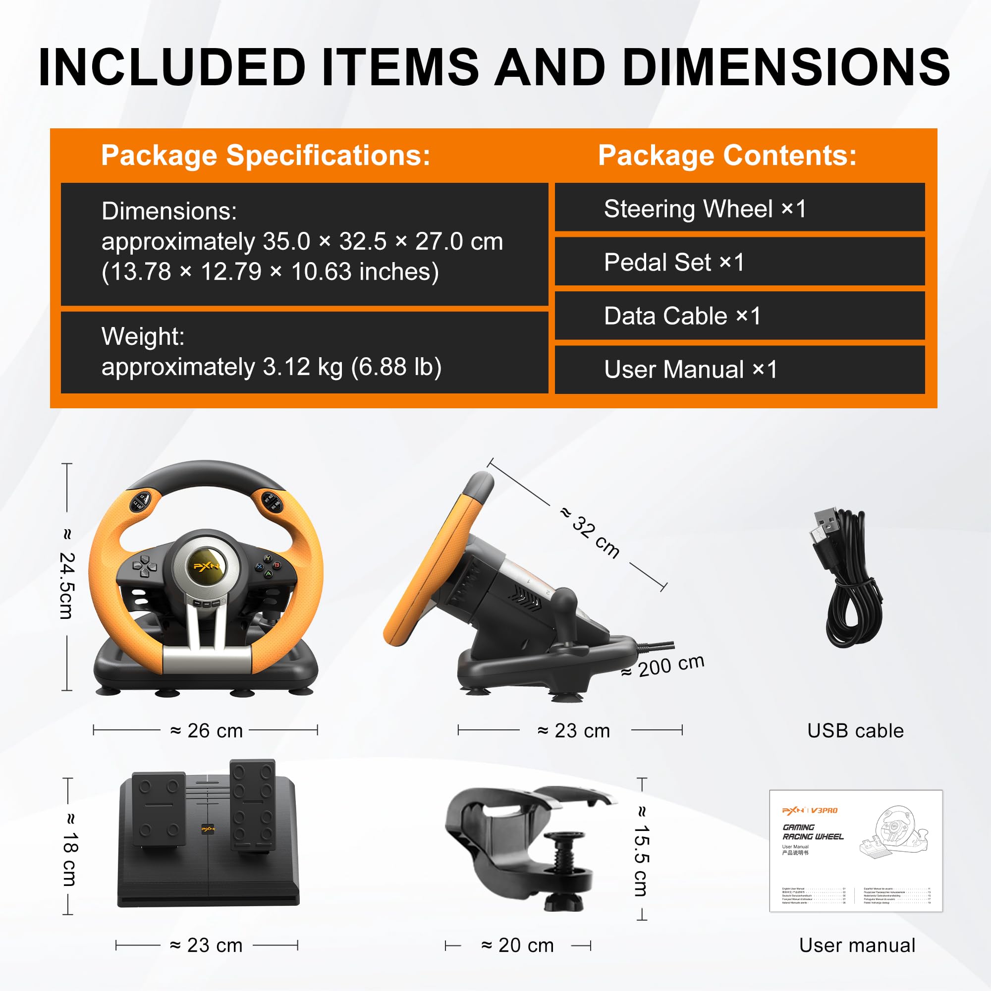 PXN V3 PRO Racing Wheel, Volante Universale da 180 Gradi USB per Auto Sim Race con Pedali per PS3, PS4, Xbox One, Switch -Arancia