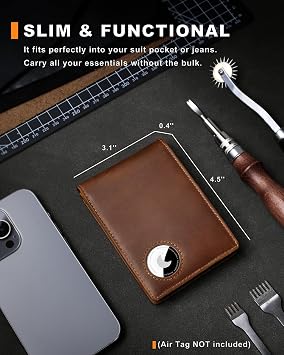 Men's RFID Blocking Bifold Wallet Genuine Leather with AirTag Holder Cash Slots ID Window & Slim Design (Brown)