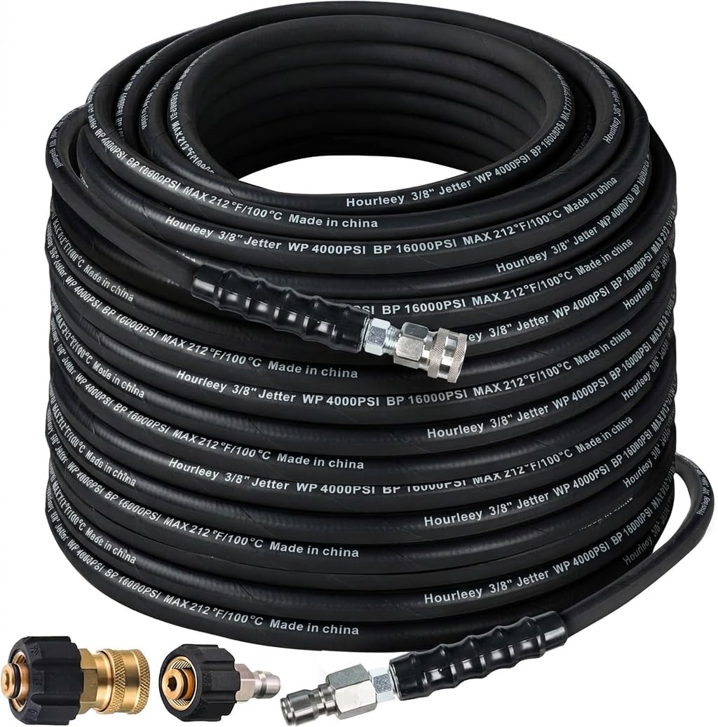 3/8" Pressure Washer Hose 50FT 4800 PSI, Kink Resistant Steel Braided Layer & NonMarking Rubber for Hot/Cold Water, High Power Washer Hose with 3/8 Inch Quick Connect & M22 Fitting, Black — image 1