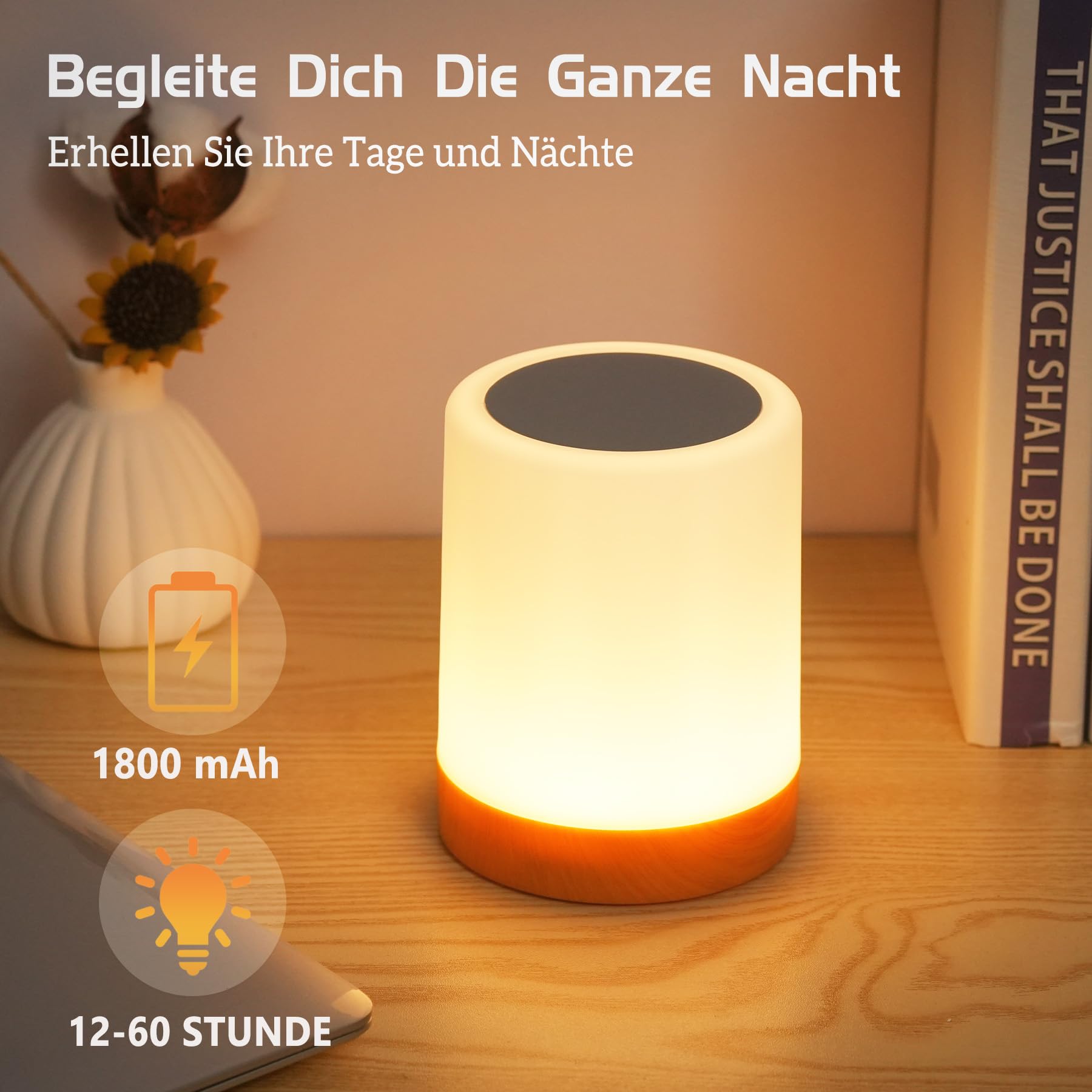 Bonsery LED Nachtlampje met aanraakfunctie, dimbaar 2-delige set met 3 modi, oplaadbaar via USB, draadloze led-tafellamp met timer en geheugenfunctie, nachtlampje voor baby's en kinderen, voor