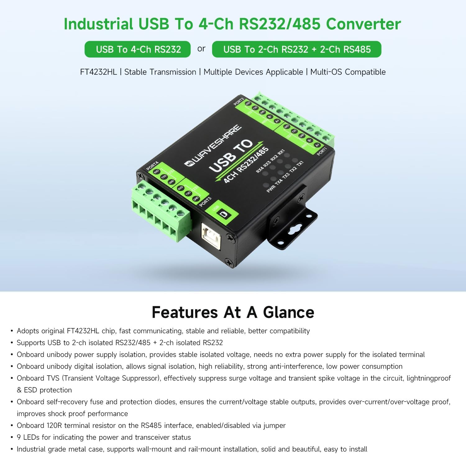 waveshare Industrial Isolated USB to RS232/485 Converter, Original FT4232HL Chip, Supports USB to 2-Ch RS232 + 2-Ch RS232/485, Wall-Mount & Rail-Mount Support