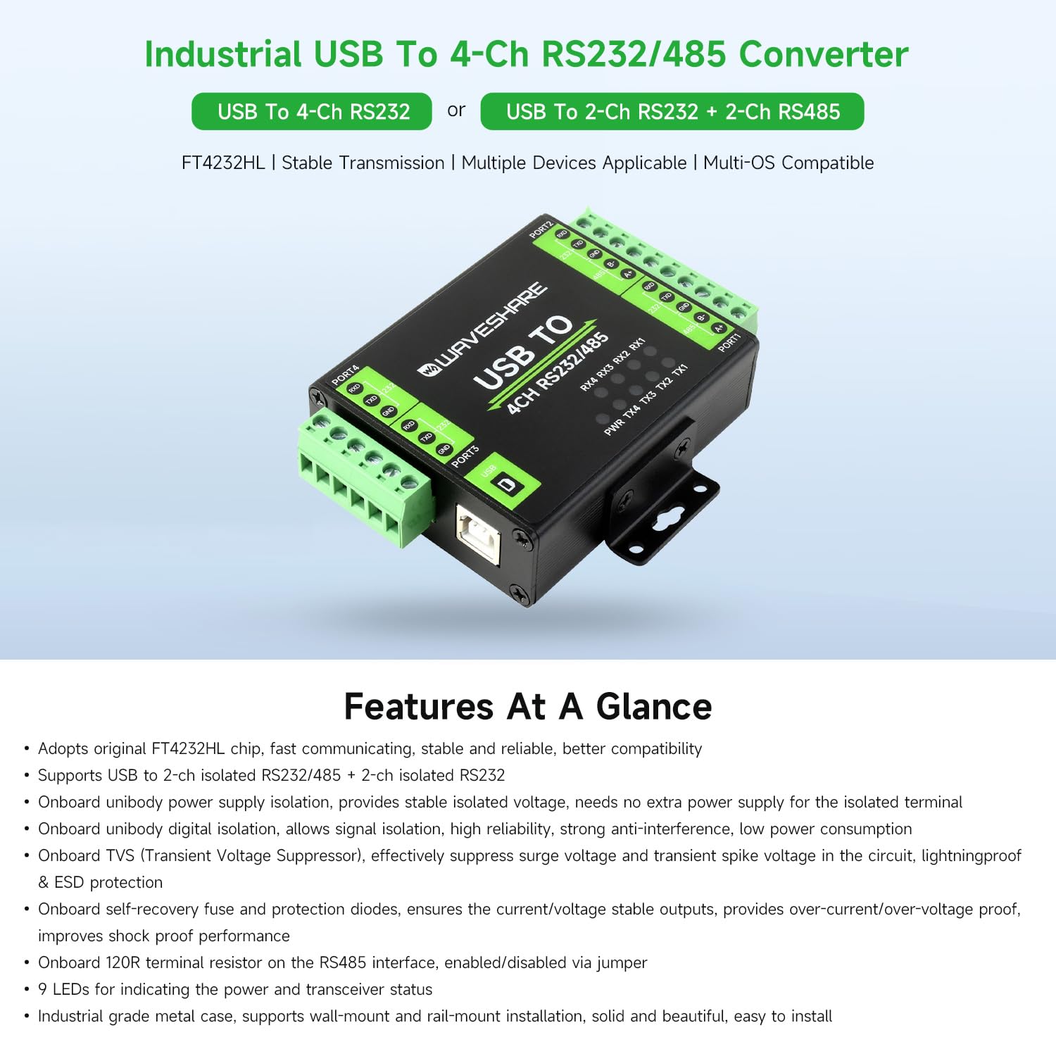 Waveshare Industrial Isolated USB to RS232/485 Converter, Original FT4232HL Chip, Supports USB to 2-Ch RS232 + 2-Ch RS232/485, Wall-Mount & Rail-Mount Support