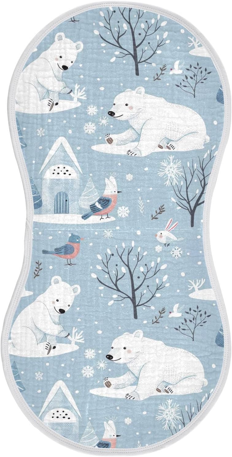 Winter Polar Bear Muslin Baby Burp Cloths Feeding Cloths Face Towel Soft and Absorbent Bibs for Newborn Boys Girl- 4 Pack