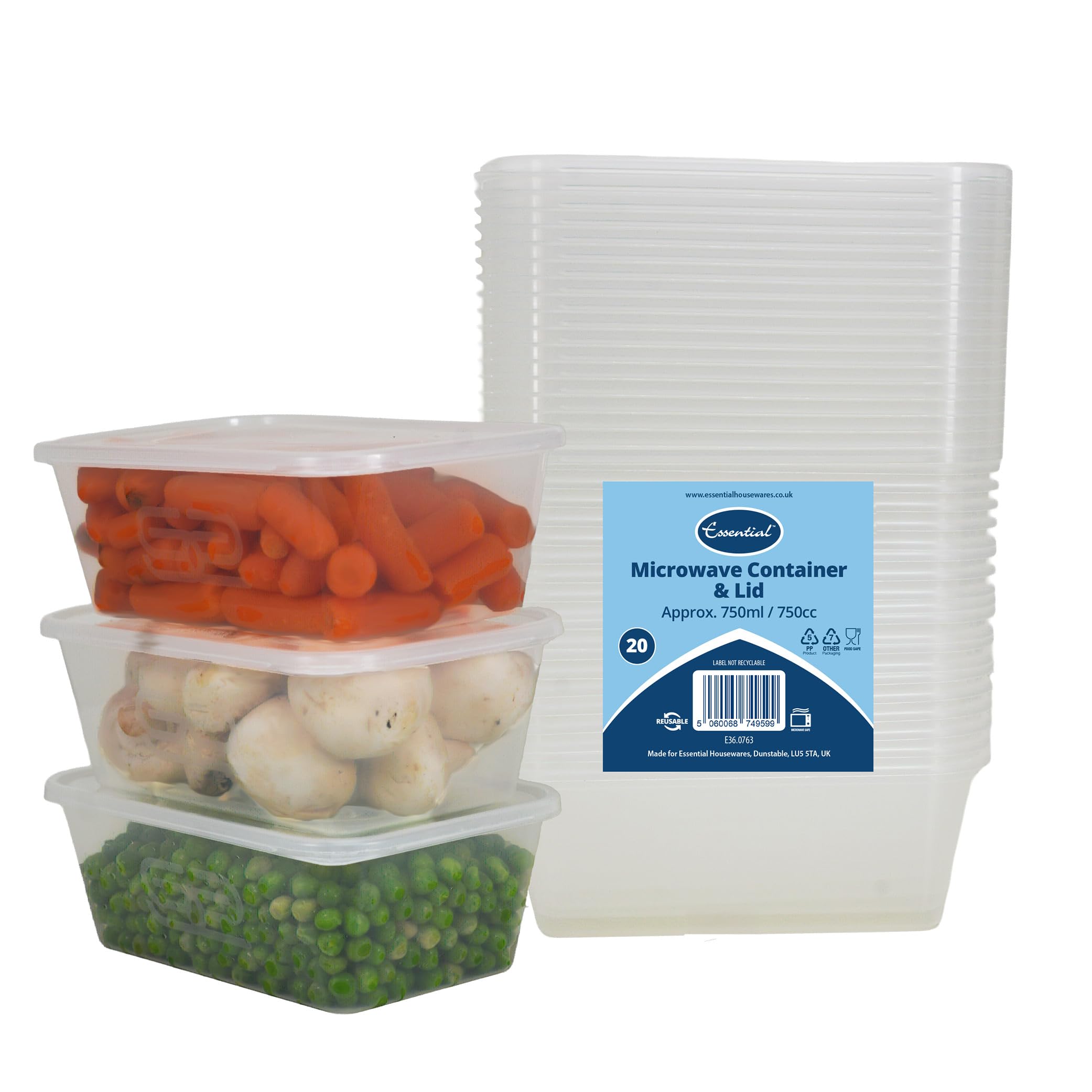 Euro Classic Essential Housewares 20 Plastic Food Containers with Lids - 750ml. BPA-Free Leak-Proof Plastic Lunch Box Meal Prep Containers Reusable. Lunchbox Snack Box Food Storage Containers.