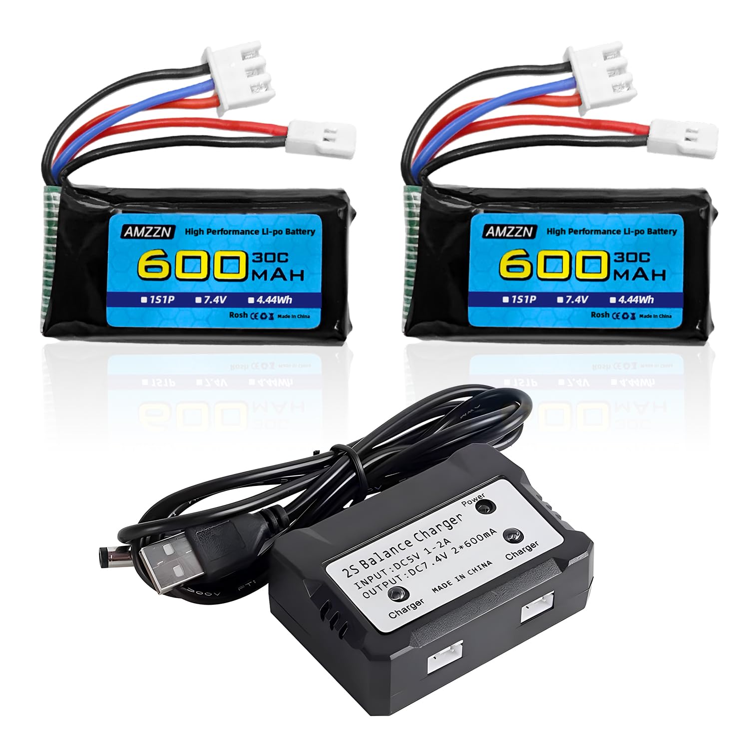 AMZZN Pack of 2 7.4 V 600 mAh 35C 2S Lipo Battery Molex Plug with Charger 2-in-1 Suitable for FMS FCX24 RC Car, Truck, Electric Remote Control Climbing Vehicle FCX24 Battery