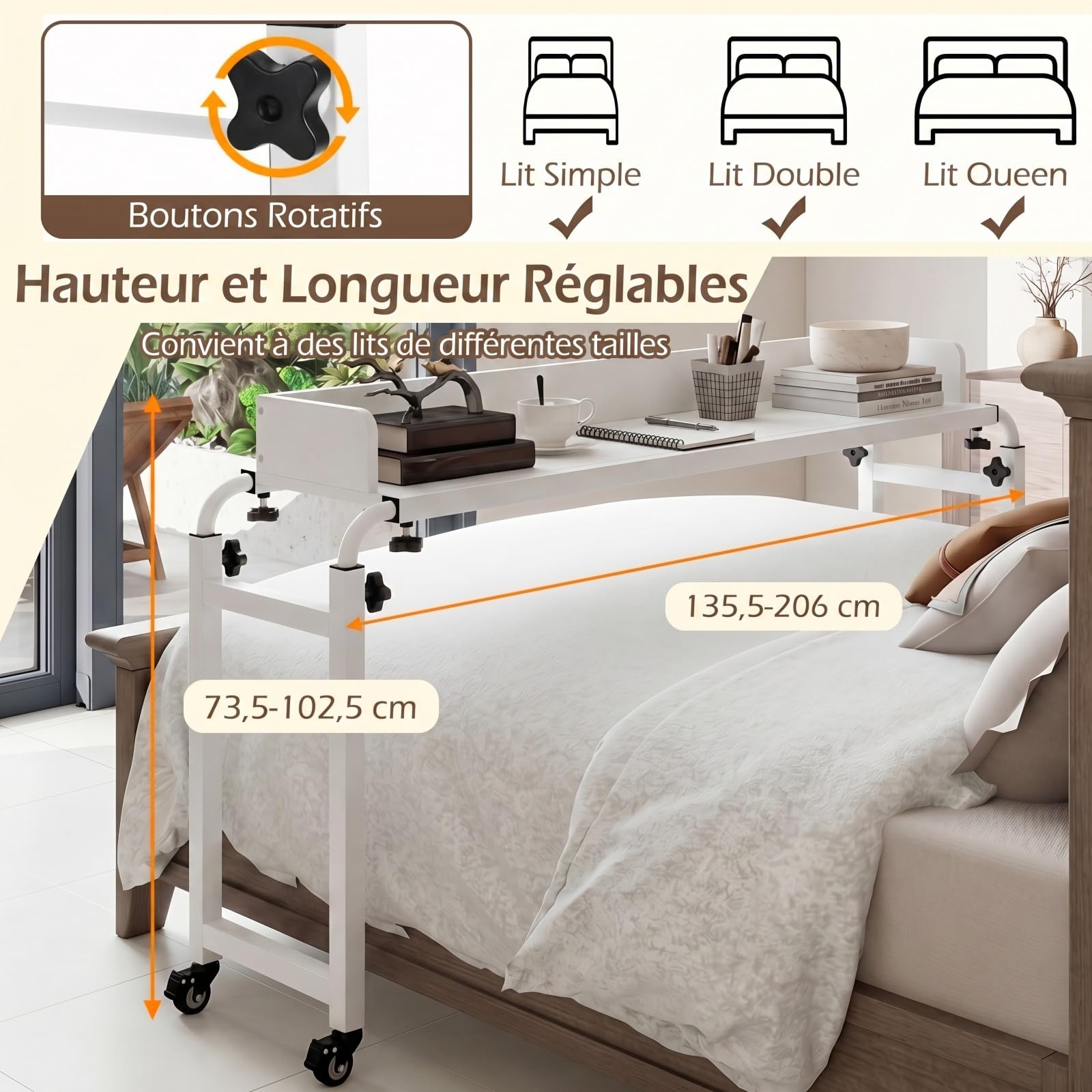 COSTWAY Table de lit Roulant, Bureau Mobile au-Dessus du Lit Hauteur(73,5 à 102 cm) et Longueur(135,5 à 206 cm) Réglable, Table d'appoint pour Ordinateur, pour Chambre, Canapé, Hôpital (Blanc)
