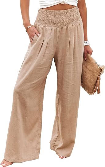 Women Linen Pants Elastic High Waist Wide Leg Palazzo Lounge Pants Casual Loose Beach Pants with Pockets