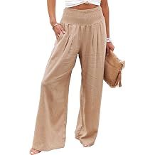 Women Linen Pants Elastic High Waist Wide Leg Palazzo Lounge Pants Casual Loose Beach Pants with Pockets