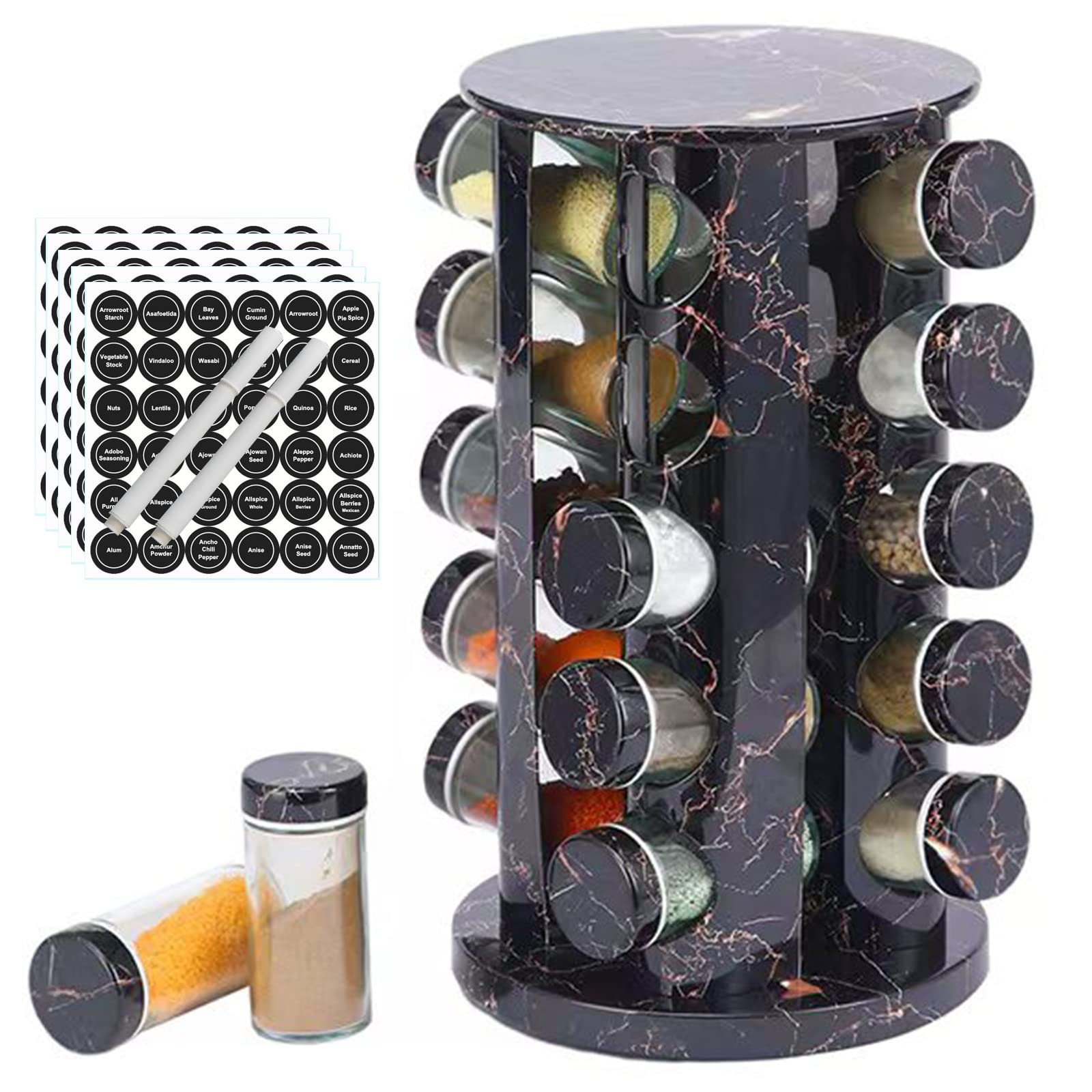 Tuklye Spice Rack,Rotating spice rack organizer, Gift Set of 20 Spice Jars, Swivel Tower Organizer, Stainless Steel Spice Organizer for Kitchen, with Reusable Labels and Funnels