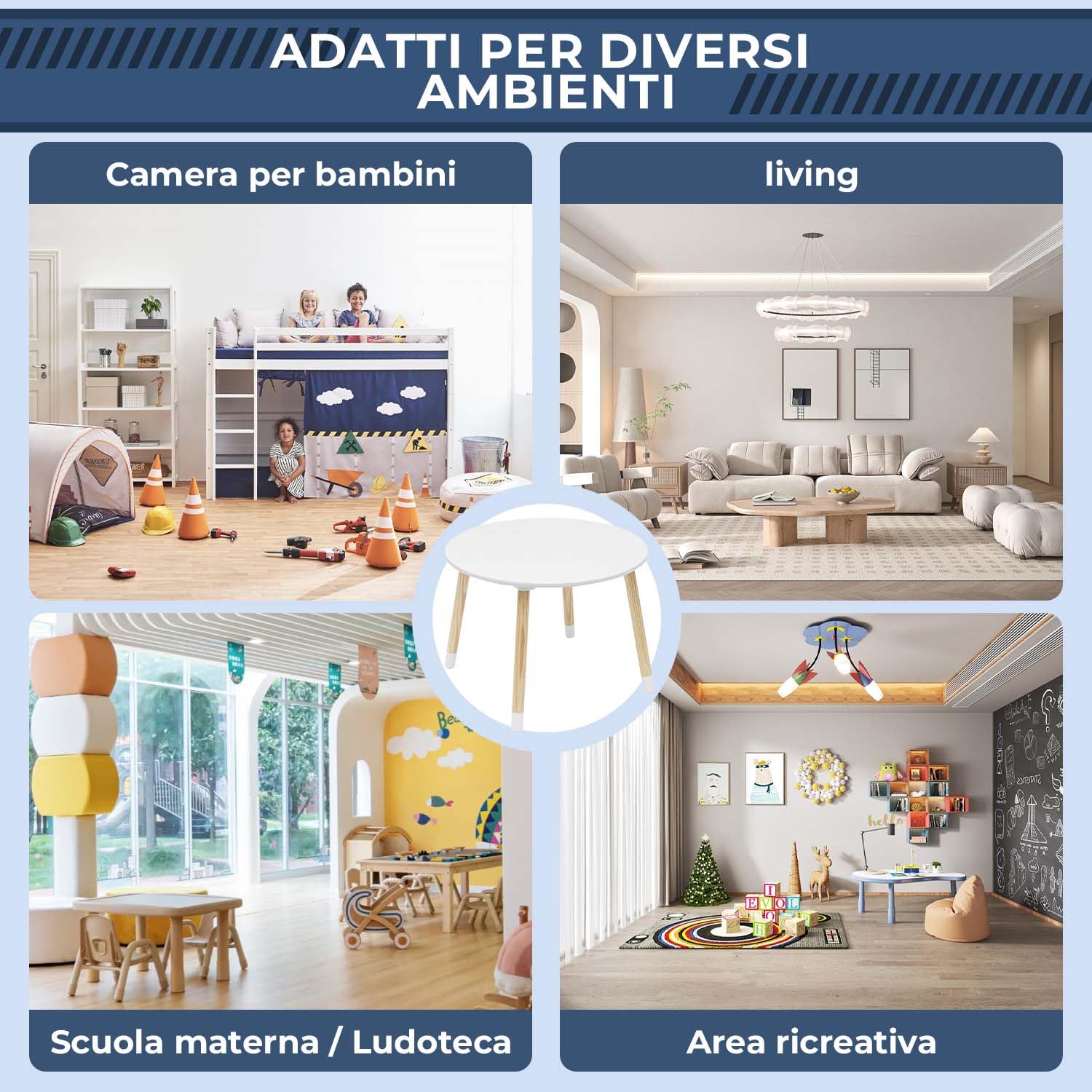 Rebecca Mobili Set Tavolino E Sedie Per Bambini, Tavolo Bambini Con Seggiole, Bianco Marrone, MDF Pino, Per Cameretta Asilo - Misure: 44 x 60 x 60 cm / 50 x 28 x 25 cm - Art. RE6849