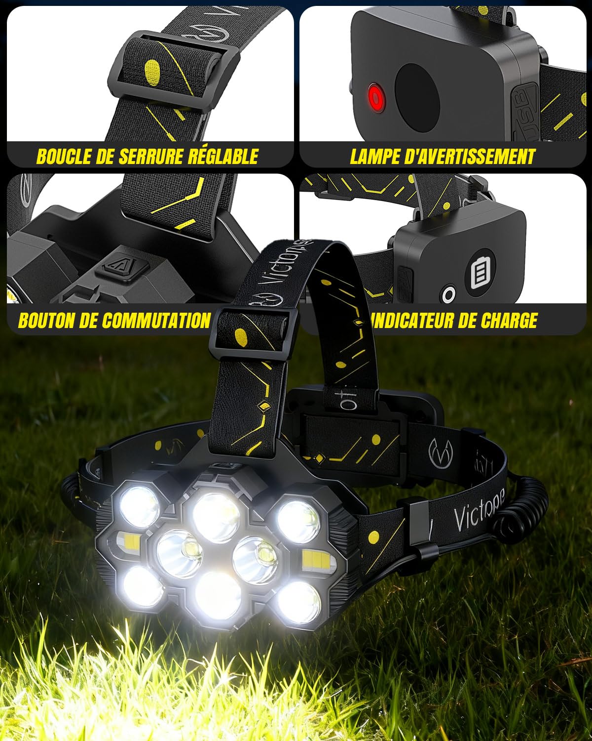 Lampe Frontale Victoper Rechargeable 22000 Lumens - 10 LED, Noir, V10000