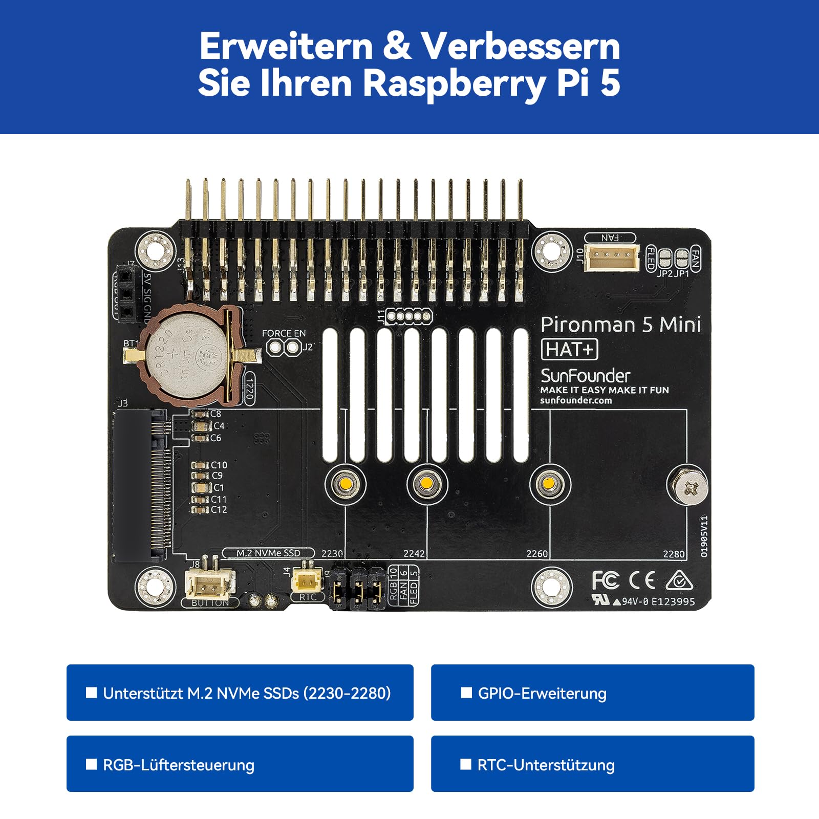 Pironman 5-Mini NVMe M.2 SSD PCIe 2.0/3.0 Mini-PC-Gehäuse für Raspberry Pi 5, Hailo-8L, OpenClaw KI-Agent, PWM-Aktivkühler + RGB-Lüfter, Safe Shutdown, RGB-Effekt (RPI5 Nicht enthalten)