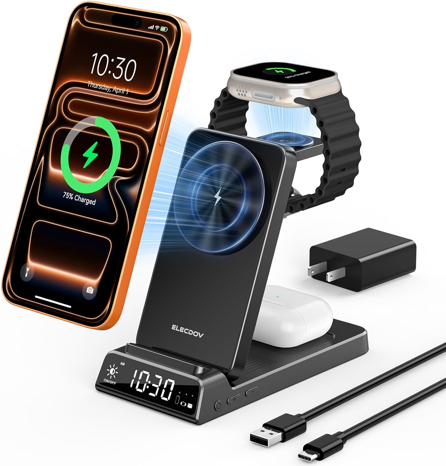 3 in 1 Charging Station for Apple, ELECDOV Magnetic Charger for iPhone, Foldable Wireless Charger with Clock, Travel Watch Charger Stand for iPhone 17/Air/16/15 Series, iWatch 10/AirPods 4 (Black)