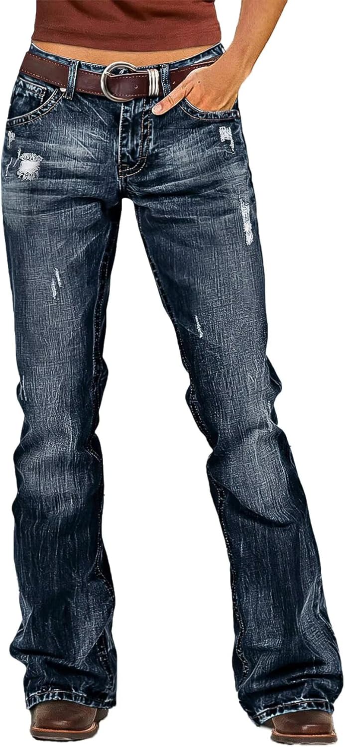 Flamingals Bootcut Jeans for Women Trendy Mid Rise Stretchy Wash Ripped Butt Lifting Western Jeans Without Belt