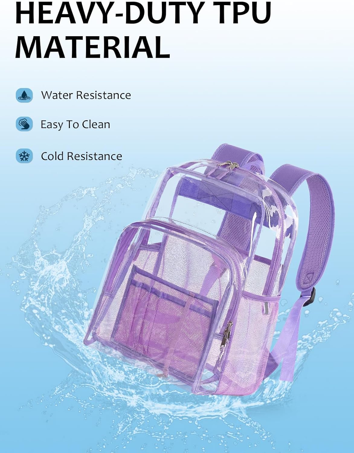 Clear Backpack Heavy Duty, 17 Inch Large TPU Clear Bookbag for Boys Girls Adult, See Through Book Bag Transparent Backpacks with Multiple Pockets for School College Work Casual, Light Purple - Image 7