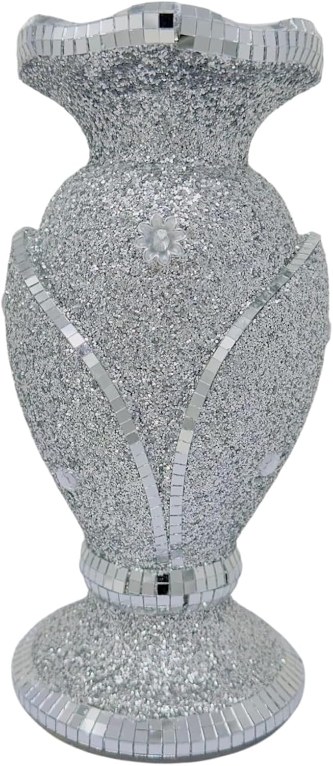 Aidni Silver Crushed Diamond Glitter Vase, Mirrored Sparkle Flower Pot Ornament, Handmade Luxury Ceramic Decoration For Home, Wedding – 30Cm Tall