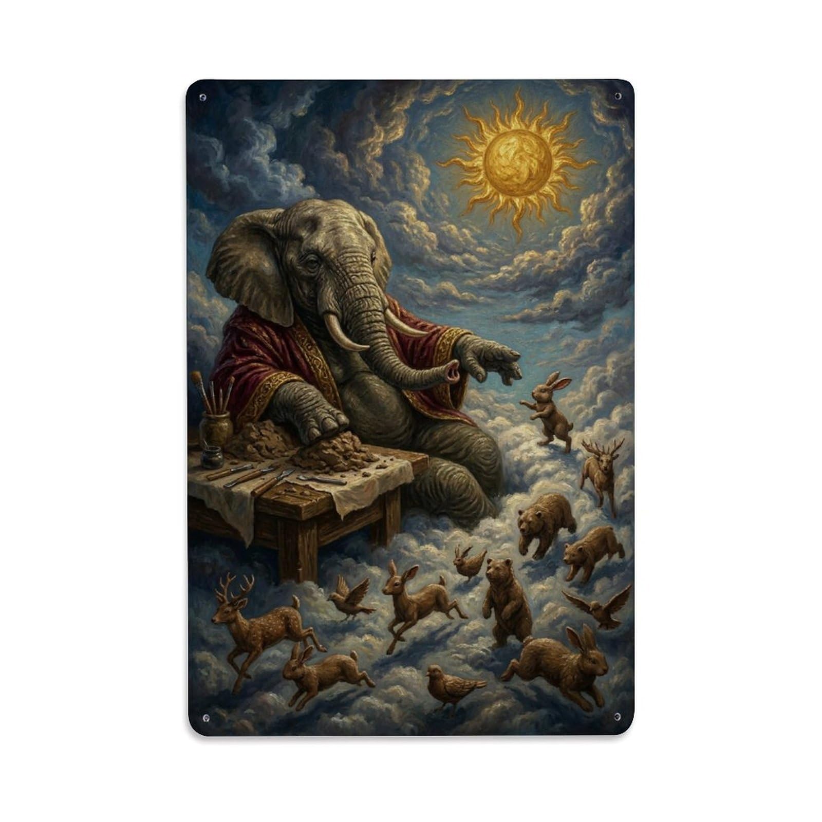 Elephant Cloud Surreal Vintage Animal Creator Fable Wildlife Metal Tin Sign Plaque Wall Decor for Cafe, Man Cave, Club Bar, Office, Home Garden Round Metal Poster 8x12Inch